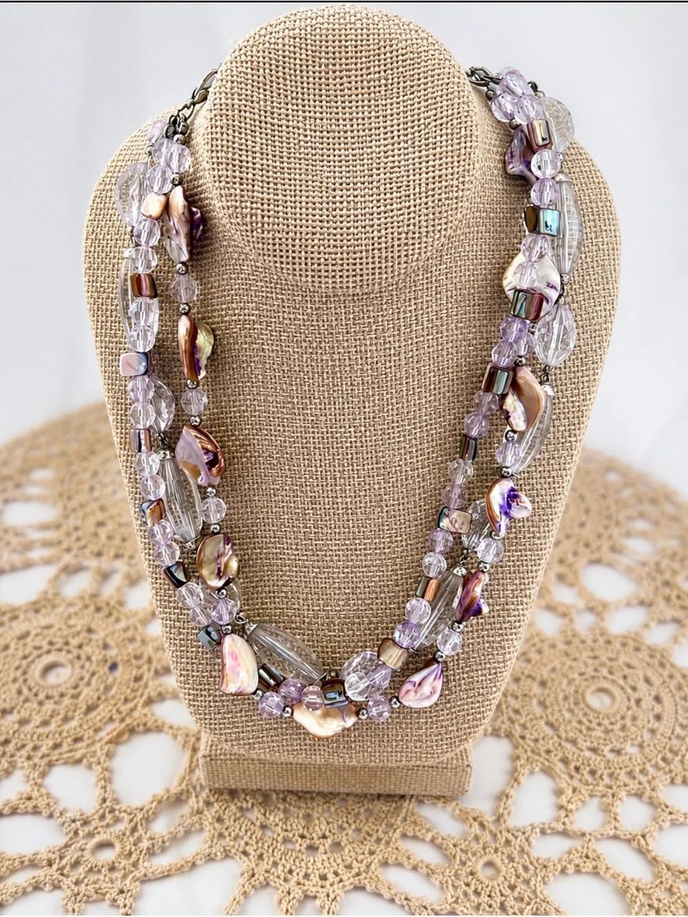 Boho Purple Mother of Pearl Shell & Acrylic Beaded Layered Coastal Necklace